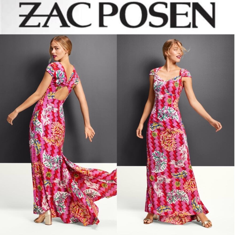 ZAC POSEN Target XXO Safety Pin Train Maxi Dress Pink Magenta Formal Gown Size 6